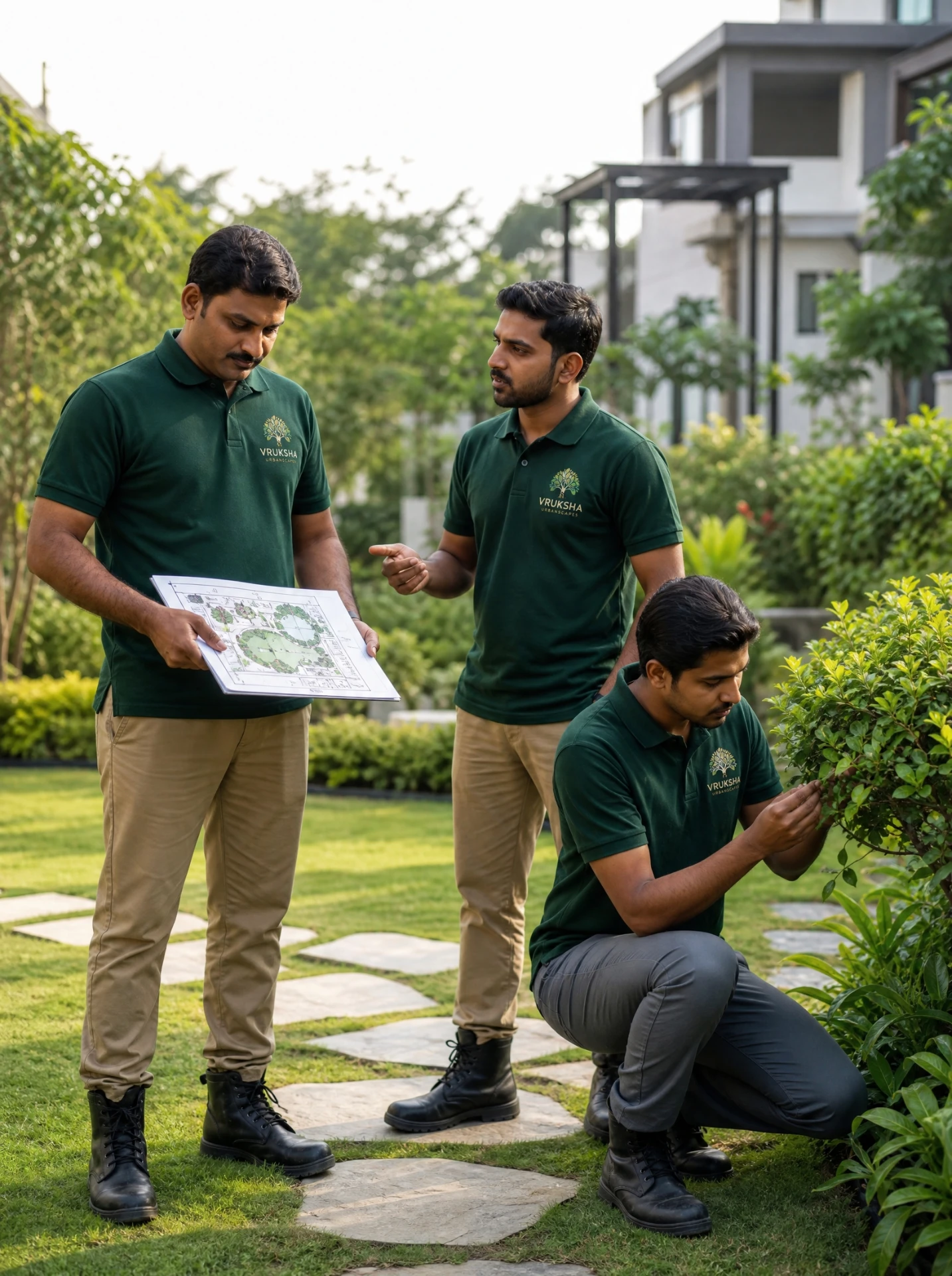 Vruksha Urbanscapes landscape team reviewing a garden design plan on site
