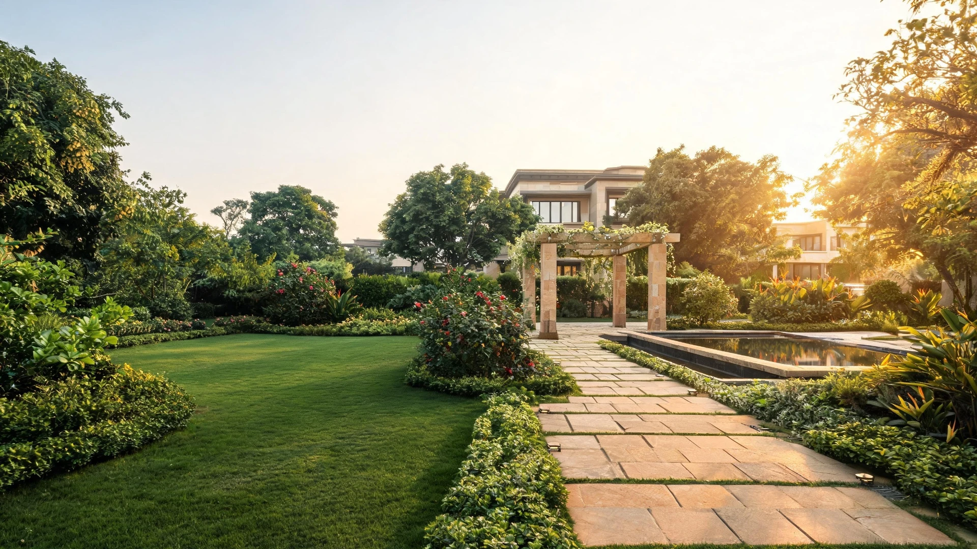Premium Vruksha Urbanscapes villa garden at golden hour with manicured lawn, stone pathway and reflecting pool