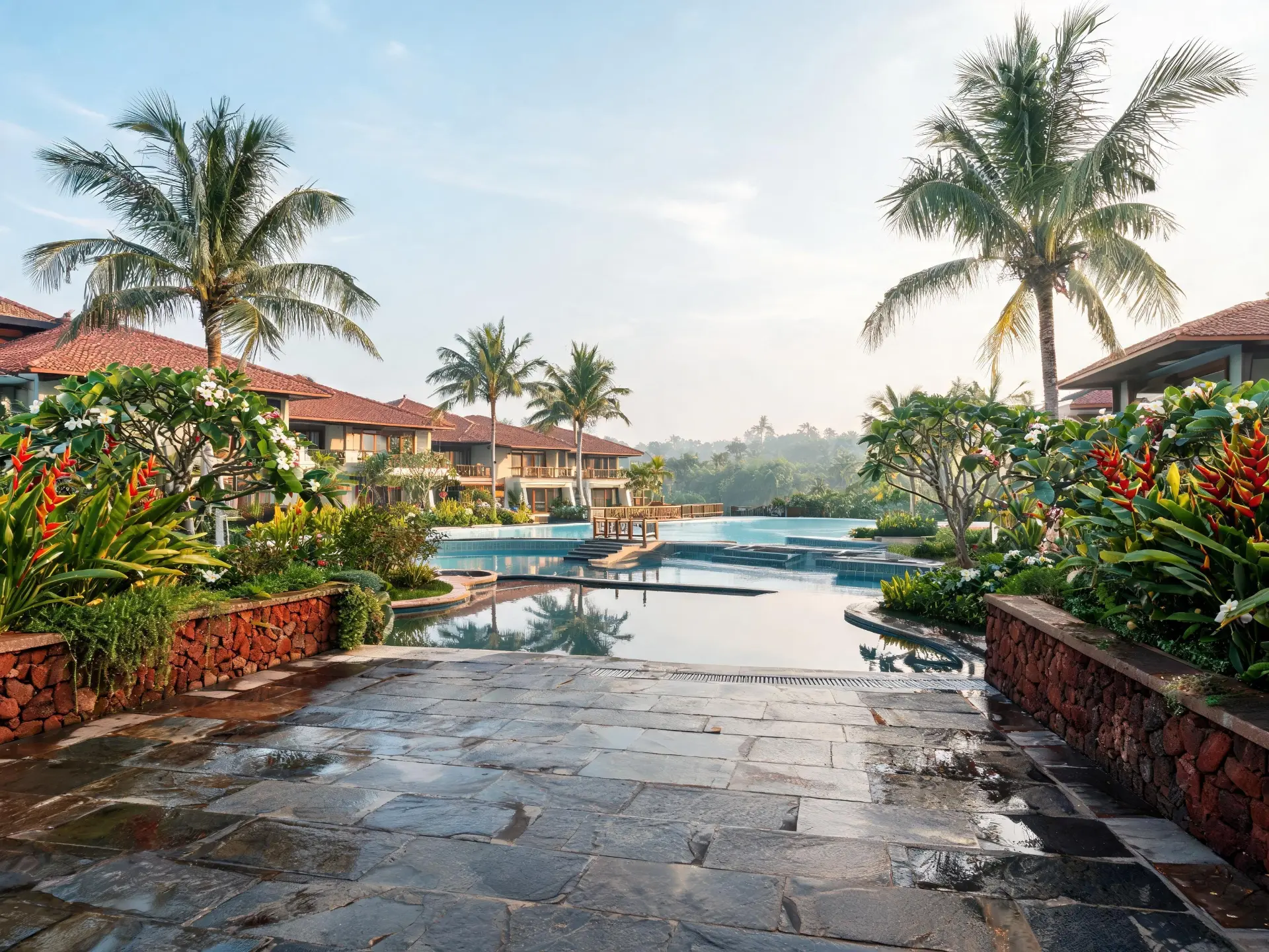 Coastal resort landscape with palm trees, tropical planting and a poolside stone deck