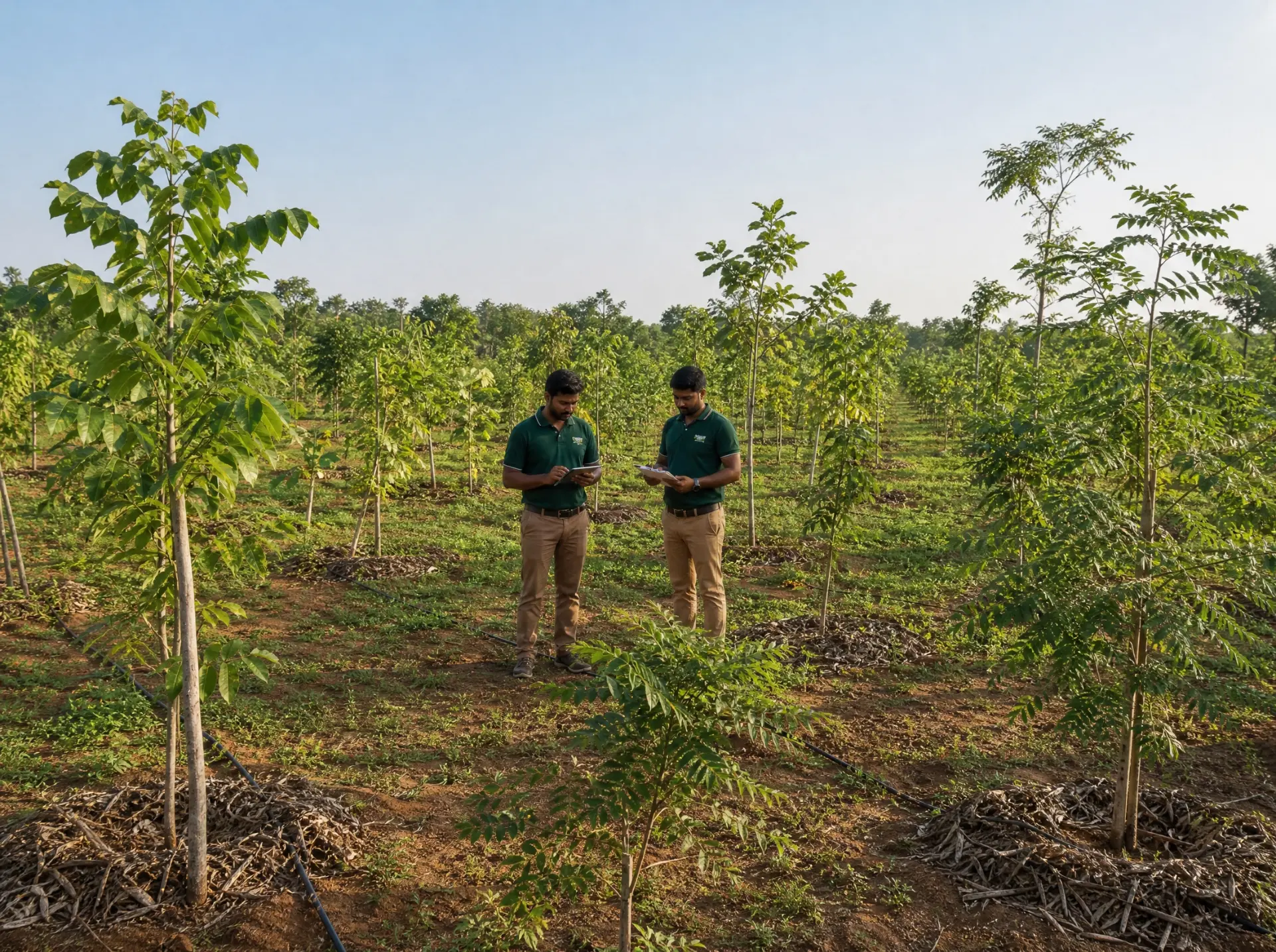 Greenfield plantation site with rows of young trees and Vruksha horticulturists inspecting growth