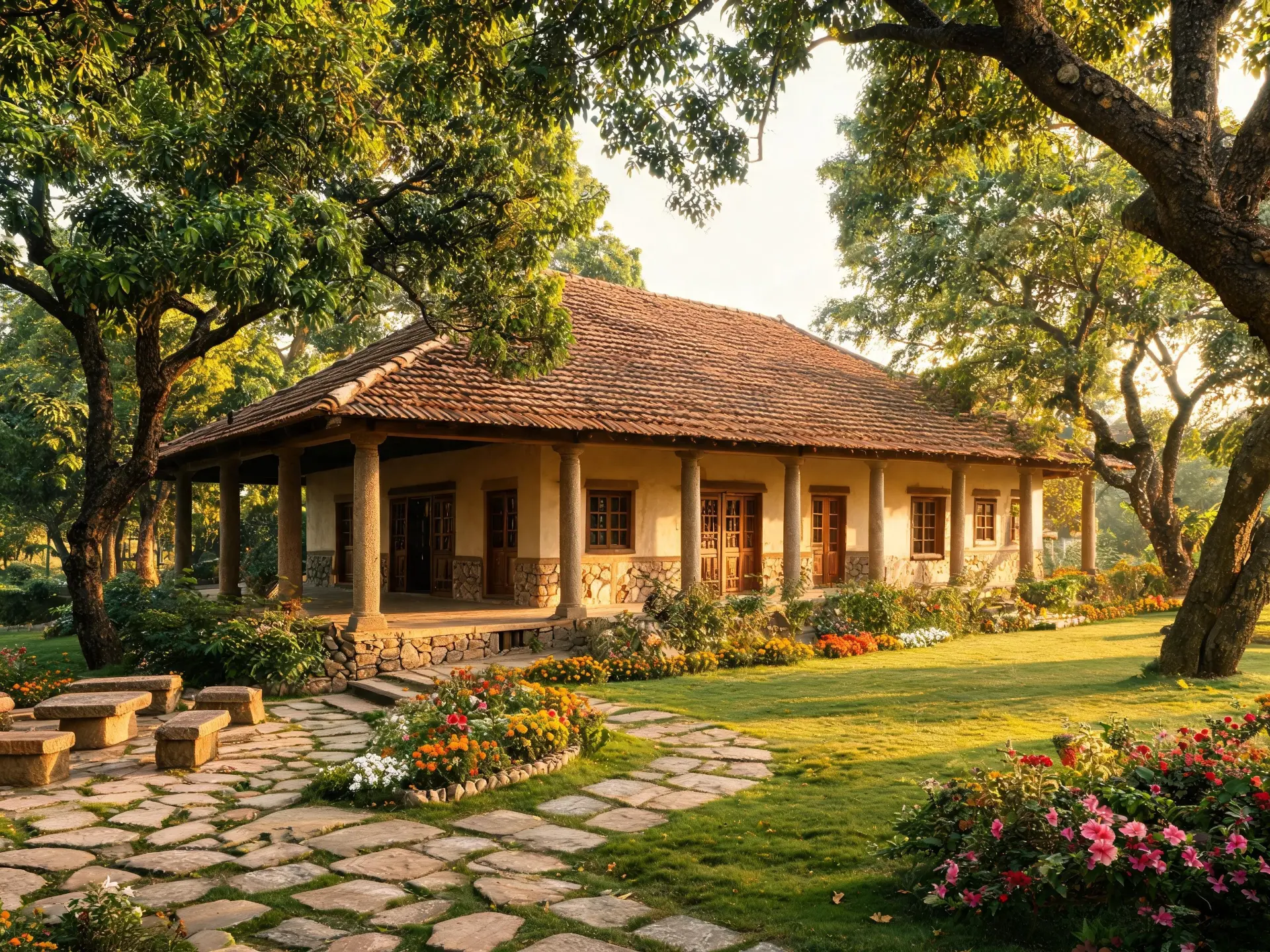 Heritage-style farmhouse surrounded by mature trees, flowering borders and a spacious lawn