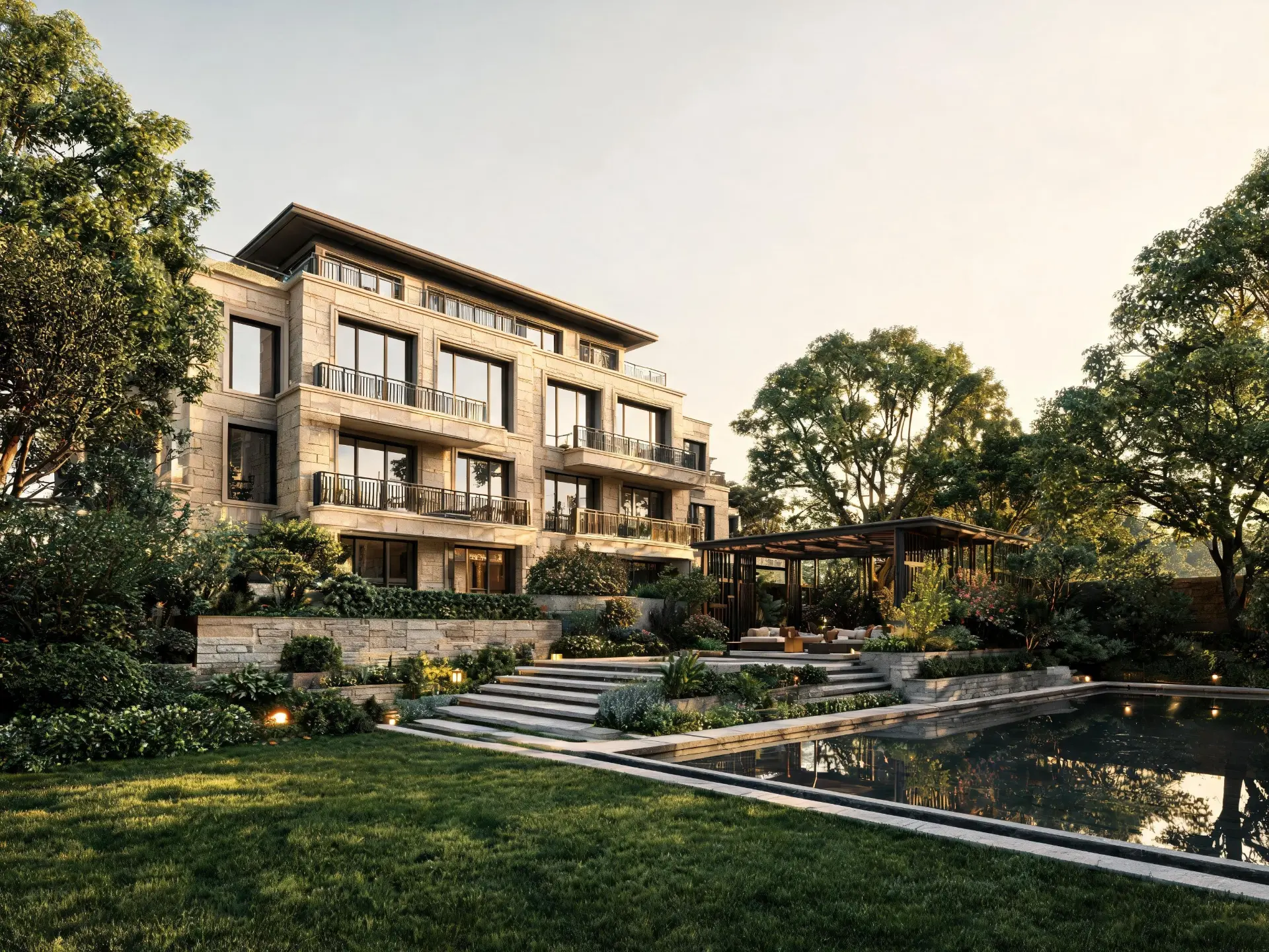 Luxury villa estate garden with mature trees, layered planting and a reflecting pool
