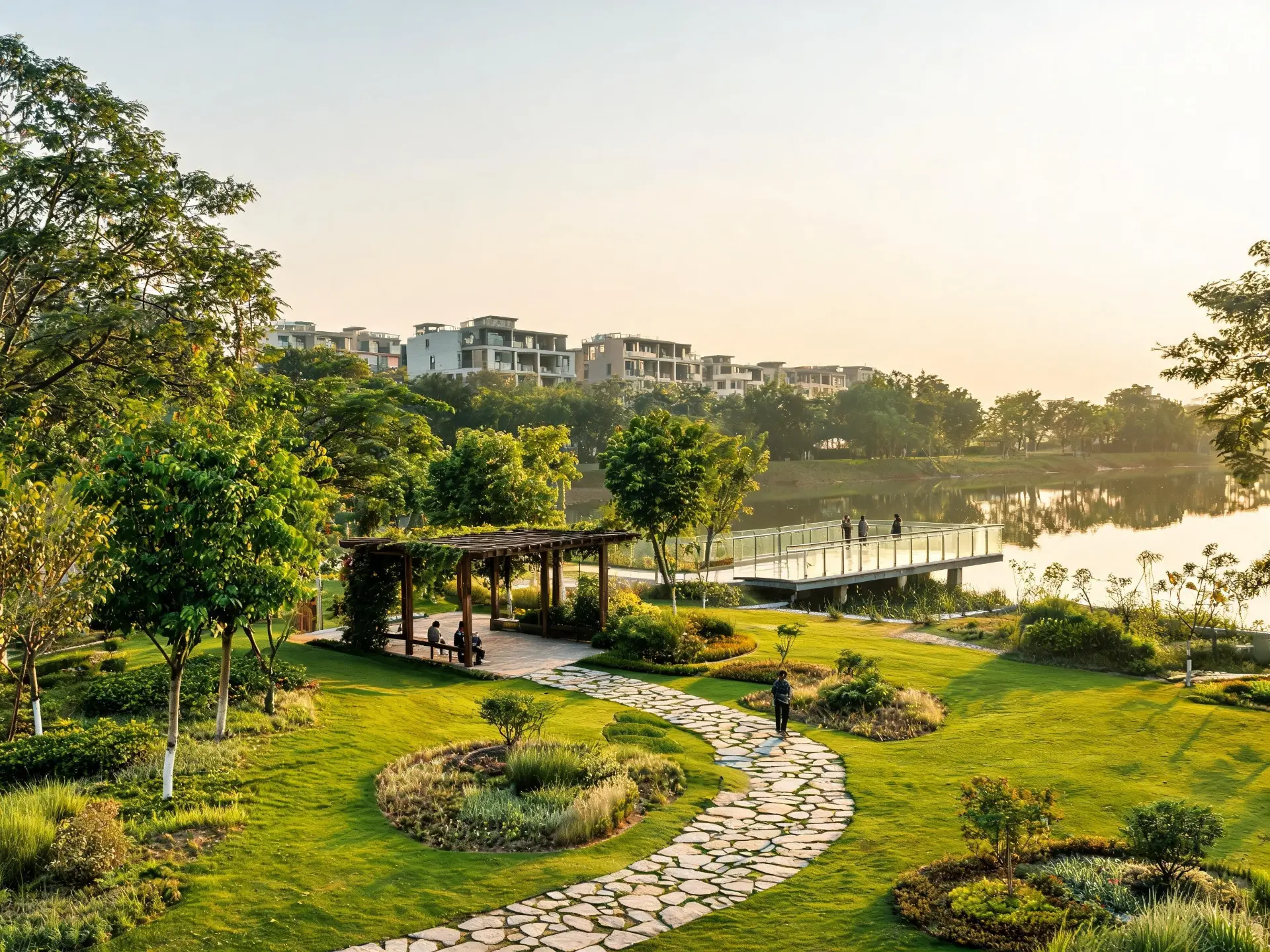 Riverside residential community landscape with native trees, walking paths and shaded seating