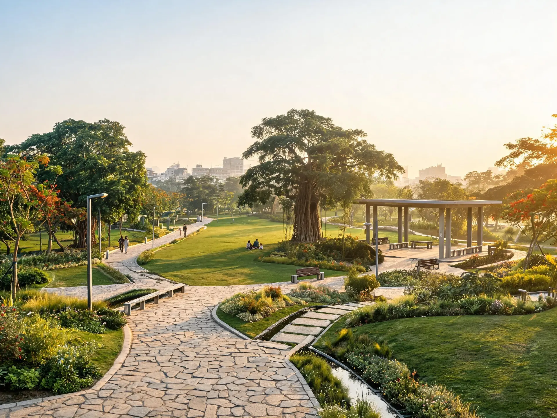 Modern urban public park with native planting, shaded pathways and recreation lawns