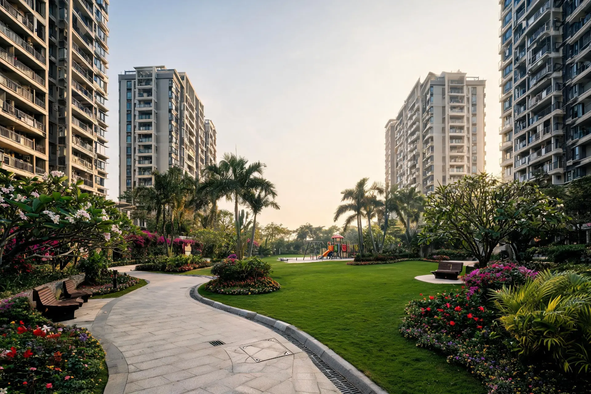 Premium apartment community landscape with a central lawn, pathways and shaded seating