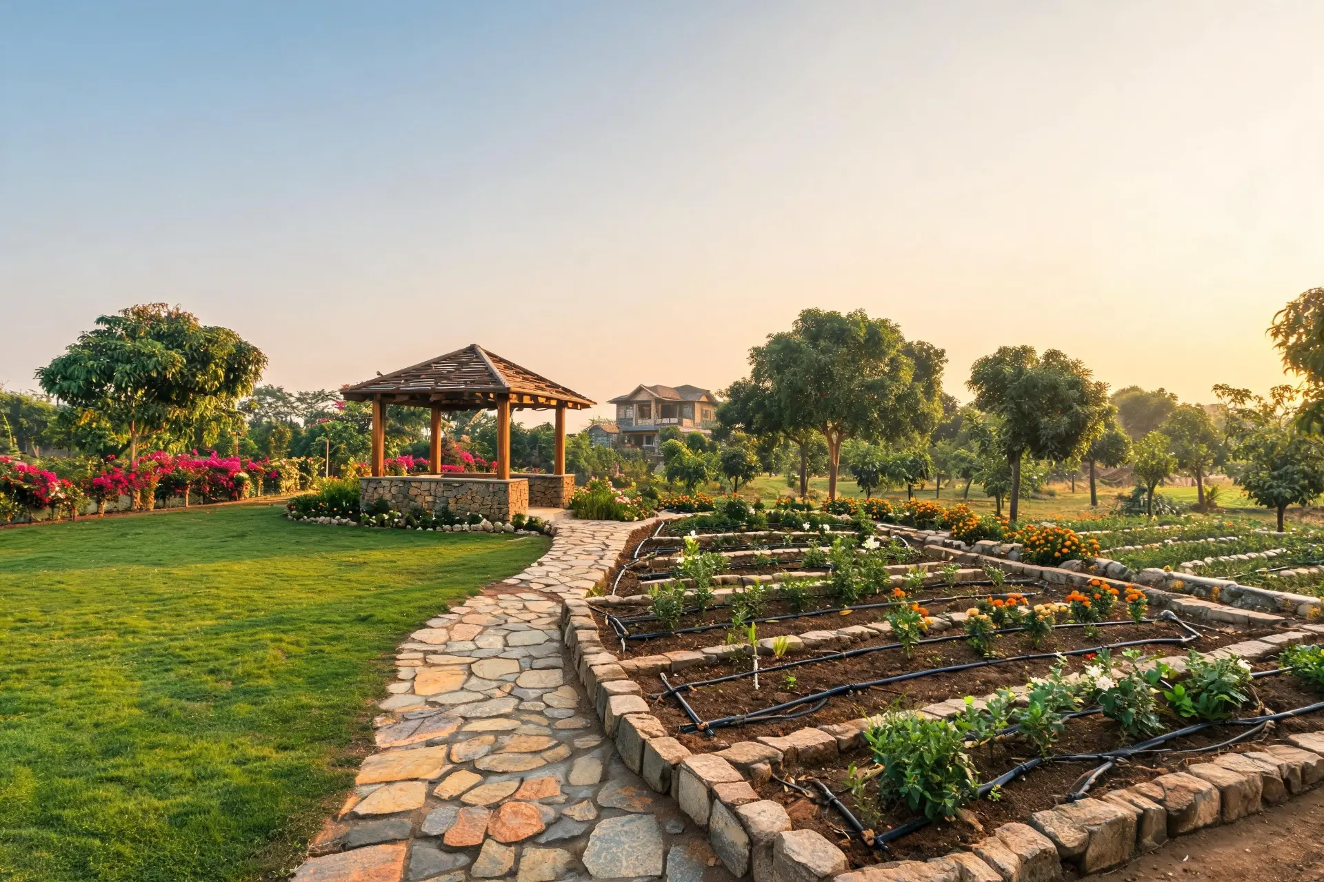 Spacious farmhouse garden with a lawn, mature trees, orchard and shaded gazebo