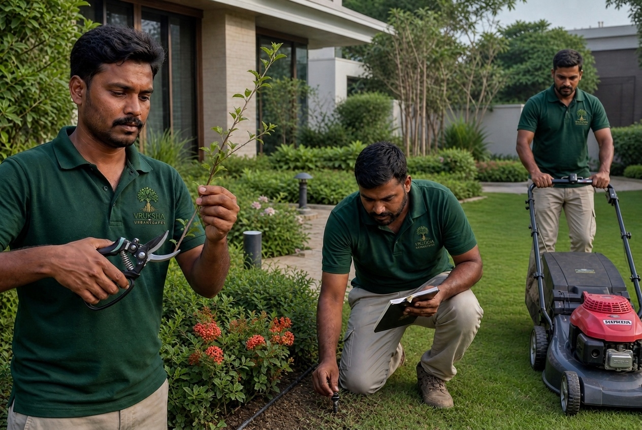 Professional horticulture team pruning plants and maintaining a landscaped garden