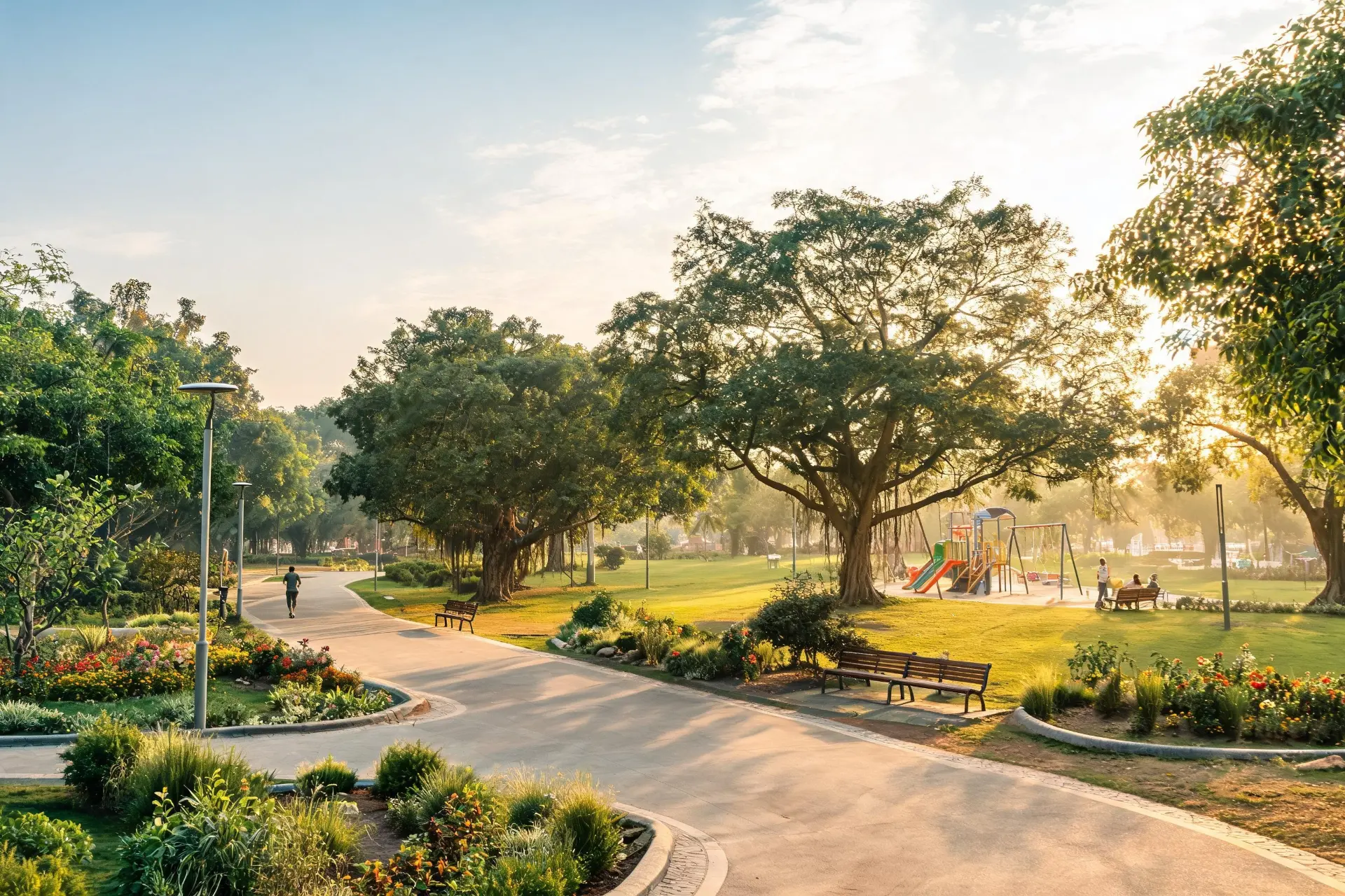 Landscaped public park with native shade trees, walking paths, lawns and seating