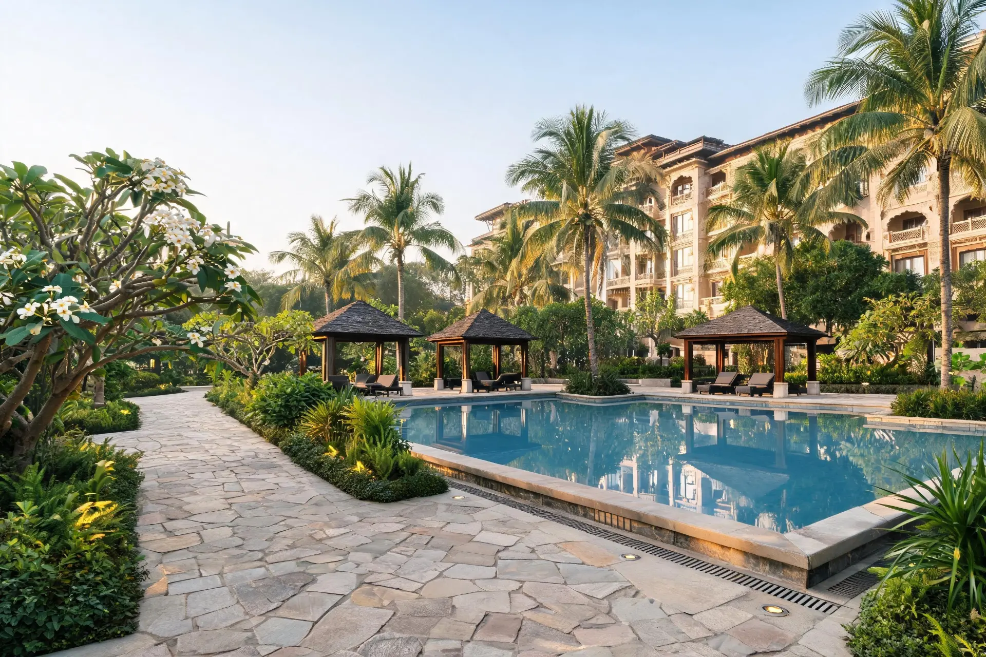 Luxury tropical resort landscaping with a pool deck, palms and natural-stone pathways