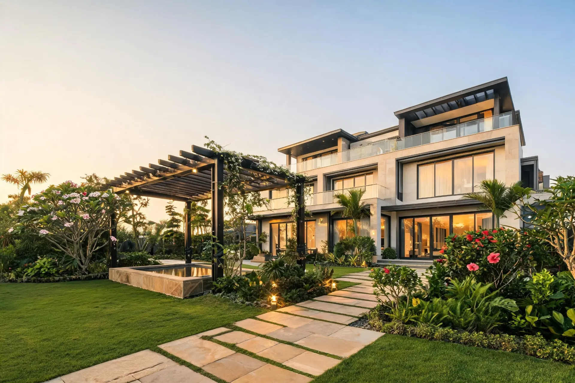 Contemporary villa garden with layered planting, lawn, pergola and stone walkway